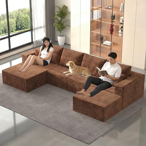 Image of 138 inch Modern Modular Sectional Sofa, U-Shaped Cloud Couch, Soft Corduroy Boneless Couch with 3060 High Rebound Memory Foam, Sectional Couches for Living Room-Brown(Left Facing Chaise)