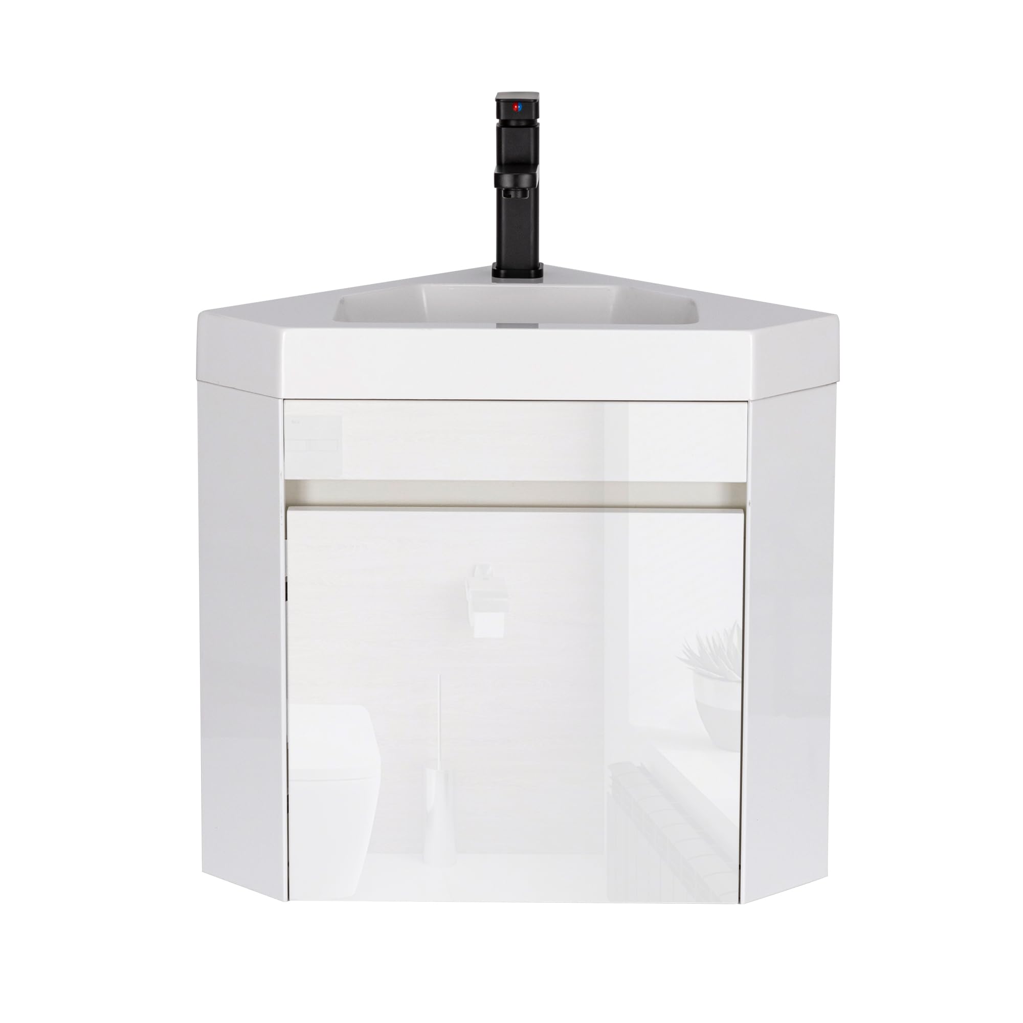 UEV Mobile Bagno Con Lavabo in Resina, Sospeso Ad Angolo 40CM, Rubinetto Nero Opaco, per Piccolo Spazio, Bianca