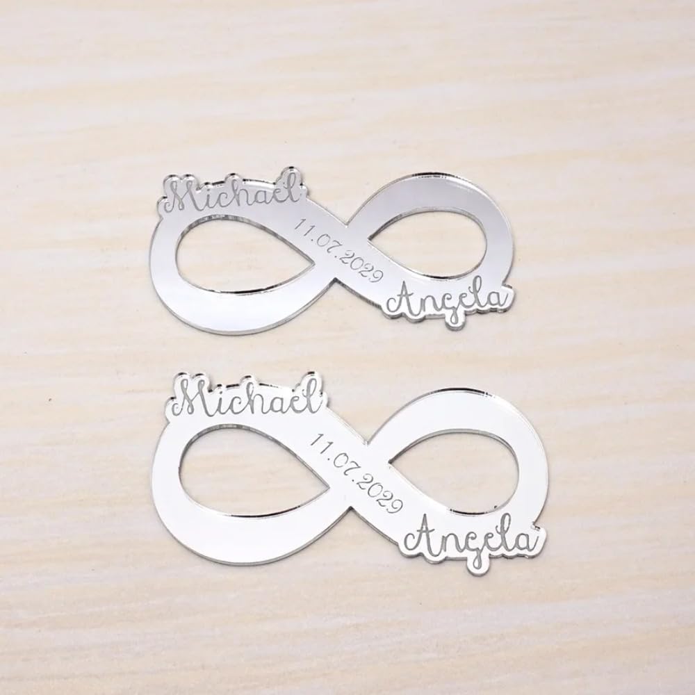Personalisierte Unendlichkeitssymbole, Acrylspiegel, für Braut, Bräutigam, Hochzeit, Gastgeschenke, personalisierte Anhänger für Gastgeschenke, Spiegelsilber, 12,7 cm, 30 Stück