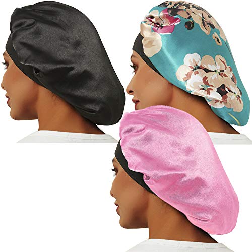 3 Pcs Satin Bonnet, Soft Bonnets for Black Women Hair Bonnet Hair Cover, Sliky Bonnet Luxurious Fabric Premium Elastic Wide Band for Women Haircare Hair Loss(Normal Size, 3 Pcs-Black+Pink+Flower D)