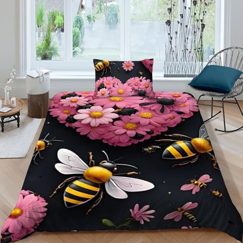 Housse de couette single fleur d'abeille microfibres animaux 135x200