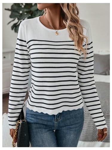 Verdusa Women's Striped Button Back Sweater Crew Neck Long Sleeve Scalloped Casual Pullovers2