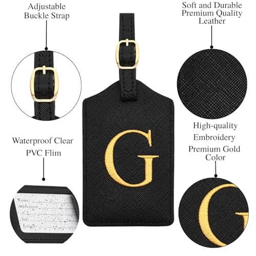 Image of CHOIEO Luggage Tag PU Leather for Suitcase Baggage Handbag Travel Bag Label Suitcase Tag w. Name Card & Privacy Cover (1 count, Black, Gold Embroidered Initial)