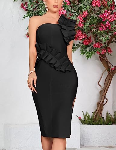 Image of houstil Women's One Shoulder Wedding Guest Dress Side Split Bandage Bodycon Midi Cocktail Club Dresses