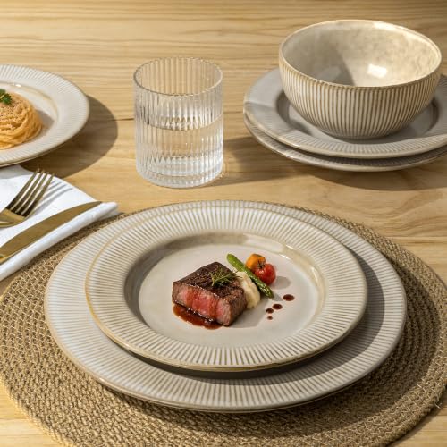 Image of GBHOME Ceramic Dinnerware Sets,12 pcs Embossed Elegant Stoneware Plates and Bowls Sets, Housewarming Wedding Gift | Dishwasher & Microwave Safe | Dishes Set Service for 4