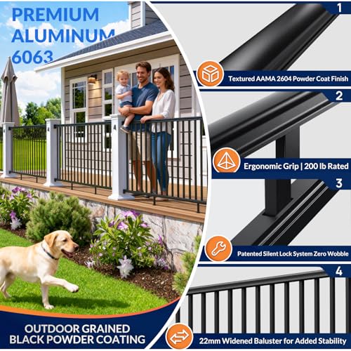 Image of Egadis 1 Pack 42 in. H x 8 ft. W Porch and Deck Railing Kit Without Post, Black Textured AAMA 2604 Powder-Coat Finish Modular Aluminum Railing System for Outdoor Decks, Porches & Balconies (1 Panel)