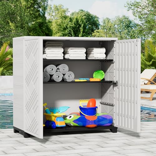 Image of KINYING Outdoor Storage Cabinet Waterproof with 2 Shelves, 60 Gallon Resin Storage Shed for Patio /Garden /Backyard, Outdoor Storage Box for Cushions,Garden Tools and Pool Supplies,White
