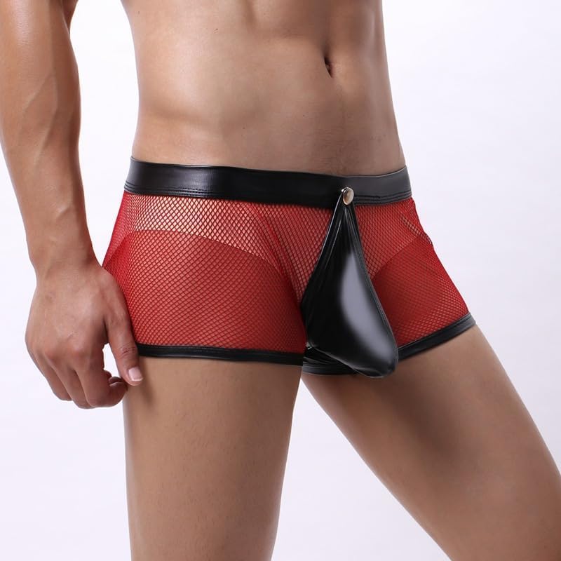Men's Sexy Underwear with Large Mesh Breathable Low Waist Hollowed Out Boxer Briefs Leather Mesh2