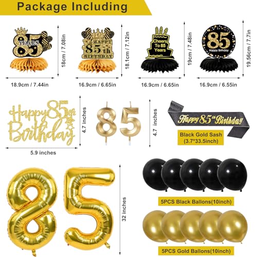 Image of 85th Birthday Decorations for Men, Black Gold 85th Party Decoration Kits | 27pcs Happy 85th Birthday Set: Banner, Honeycomb, Balloons, Gold Number, Candle, Hanging Swirls, Cake Topper, Party Supplies