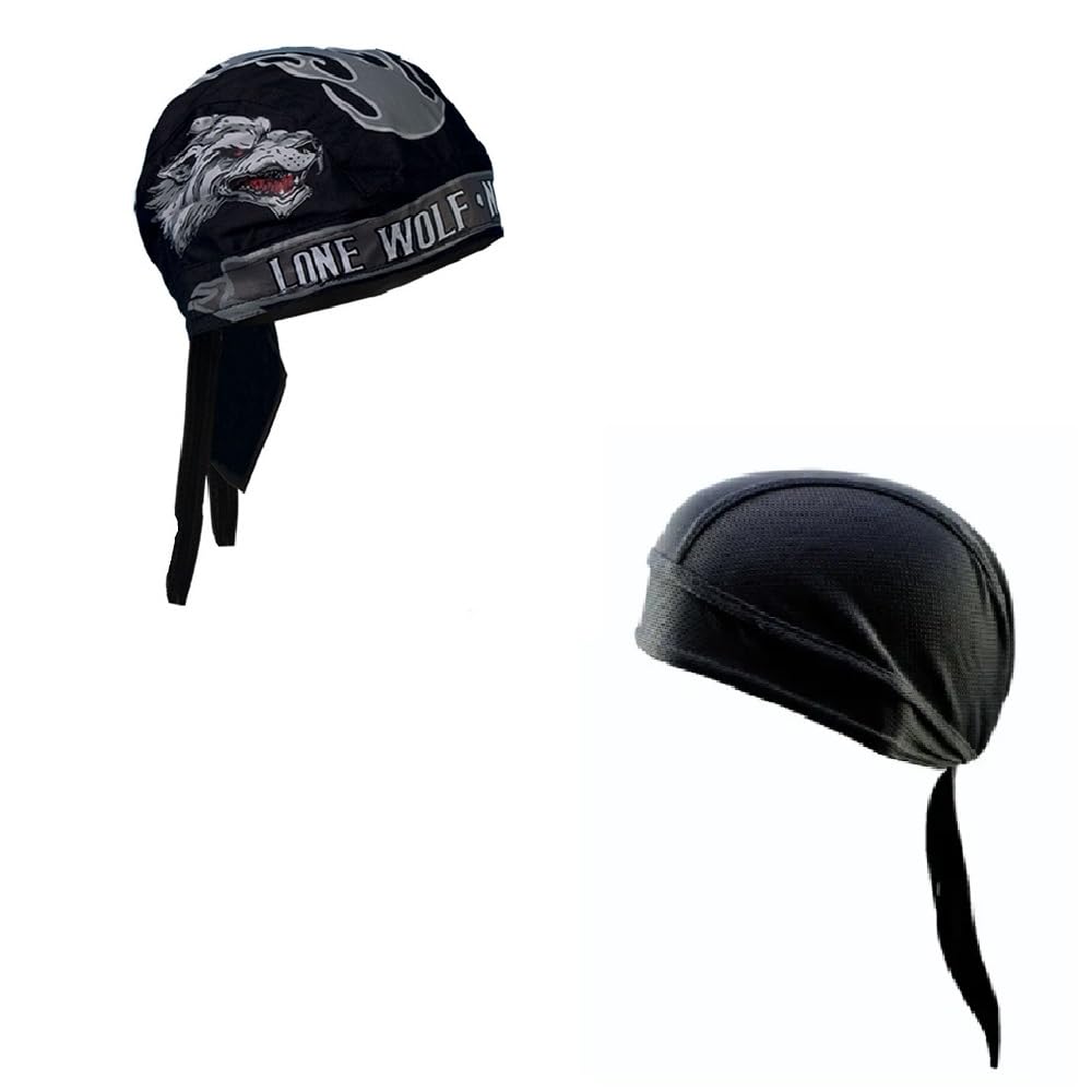 Generic Lot or Set of 2 Black Grey Lone Wolf Dog and Solid Black Moisture Wicking Headwrap Durag