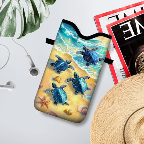 Image of Neoprene Cell Phone Sleeve Pouch Case Bag with Crossbody Strap Neck Lanyard for Women 7.1 X 3.9 in Cute Turtle