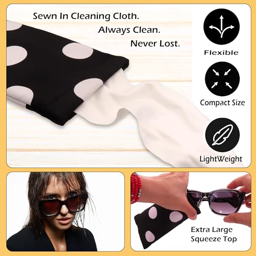Polka Dots Soft Sunglasses case - Large Eyeglass case Squeeze Top - XL Glasses Holder w/Cloth, Medium To Oversized Frames, Smart Phone Case (CT8 POLKA Black & White)