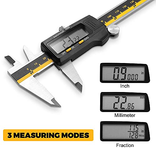 Digital Caliper, M Moock 6 Inch Digital Micrometer Vernier Caliper Measuring Tool With Large Lcd Screen, Stainless Steel Body, Inch/Millimeter/Fractions Conversion, Yellow #TOP1