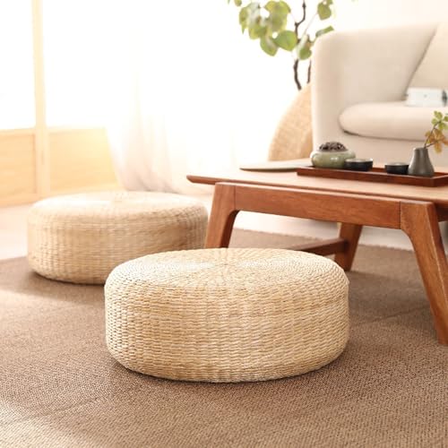 Generisch Rattan Bodenkissen Handgewebt Rund 45cm Japansstil Tatami Sitzkissen Aus Rohrkolbengras Yoga Meditationskissen FüR Balkon Schlafzimmer Wohnzimmer BodenmöBel Kompakt StrapazierfäHig (Gelb)