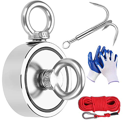 EVISWIY 1700LBS Fishing Magnets with Rope Carabiner Grappling Hook Glove Large Strong Heavy Duty Rare Earth Neodymium N52 Double Sided Magnets for Magnet Fishing Treasure Hunting Underwater Retrieving