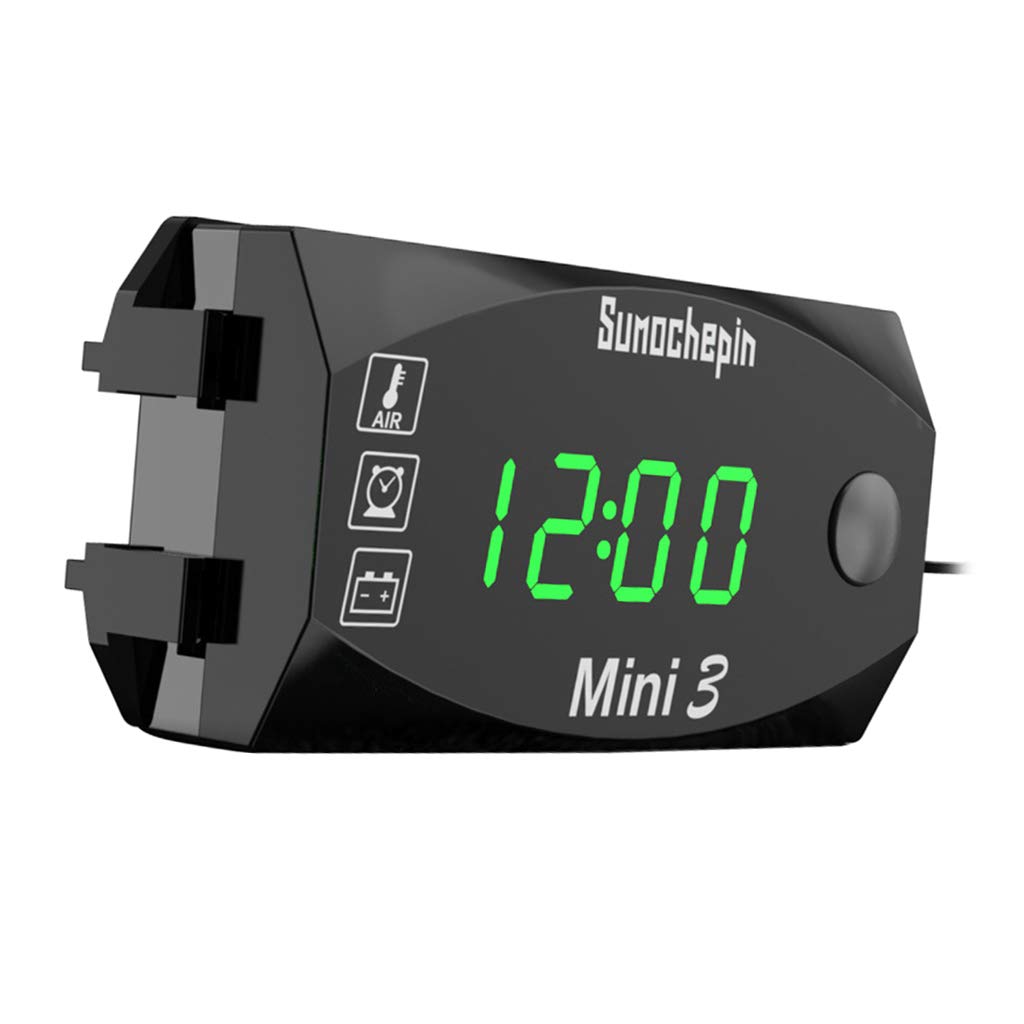 Motorcycle Time Clock Thermometer Voltage Voltmeter Waterproof 6V-30V Green