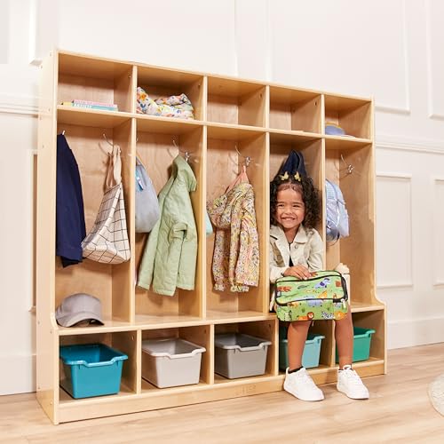 ECR4Kids 5-Section Coat Locker with Bench, Classroom Furniture, Natural - Image 3