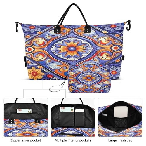 Mexican Style Ceramic Tiles Travel Duffel Bag for Women Weekend Overnight Dag with Toiletry Bag, Luggage Bag for Travel, Sport, Gym2