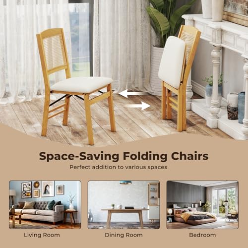 GOFLAME Folding Dining Chairs Set of 4, Linen Fabric Upholstered Kitchen Chairs with Padded Seat and Rattan Backrest, Rubber Wood Legs, Foldable Chairs for Dining Room, Living Room, Natural - Image 8