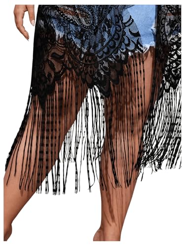 SOLY HUX Women's Plus Size Lace Sheer Fringe Trim Cover Up Dress Short Sleeve Open Front Kimono Cardigans4