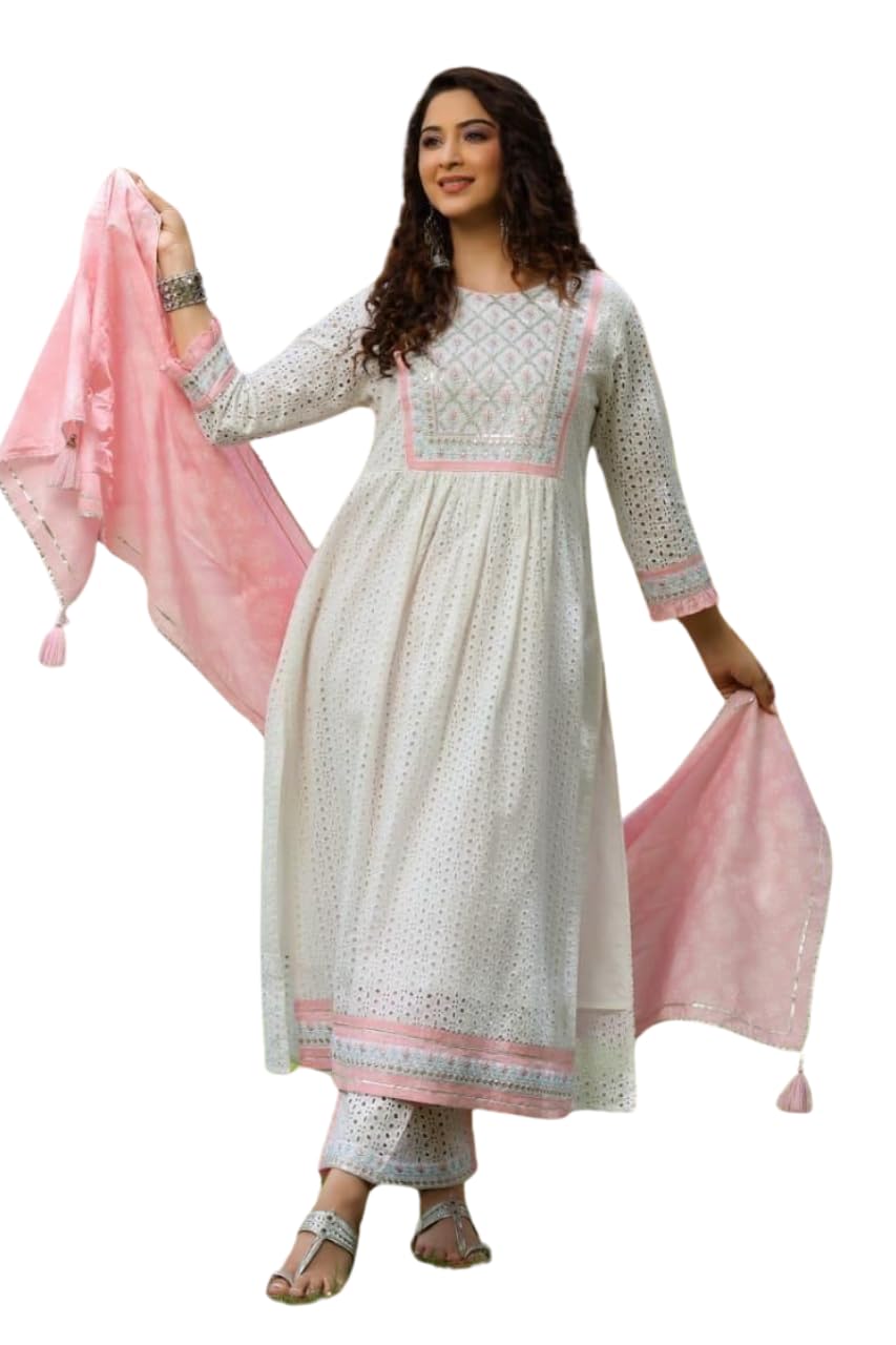 Women's Cotton Embroidered Nayra Cut Kurti With Pant and Dupatta Set-image-13
