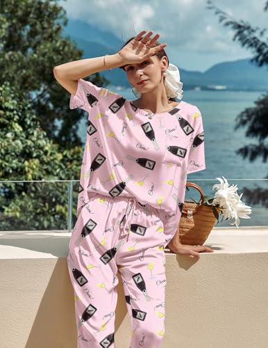 Image of Ekouaer Womens Satin Silky Pajama Set Short Sleeve Shirt with Long Pajama Pant Set Soft PJ Loungewear