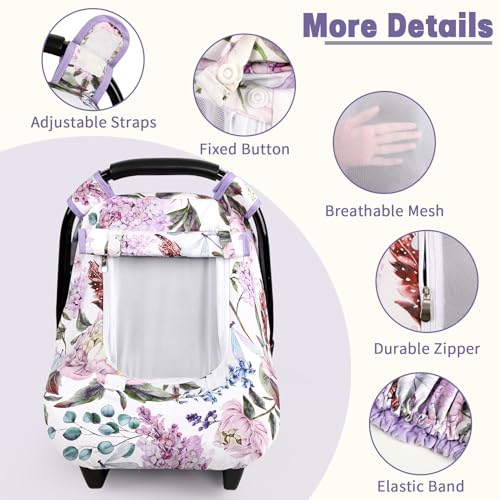 Image of Car Seat Cover Baby, HNHUAMING Infant Car Seat Covers Canopy for Baby Girl Boy, Cozy & Windproof Newborn Carseat Covers Minky Dot Backing Stroller Cover with Breathable Mesh Window, Purple Floral