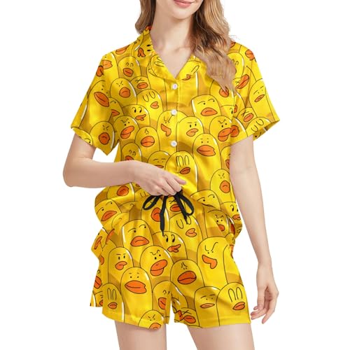 Image of Silk Satin Pajama Set for Women Summer Lounge Pjs Sets 2 Piece Suit Ladies Button Down Tops And Shorts Sleepwear