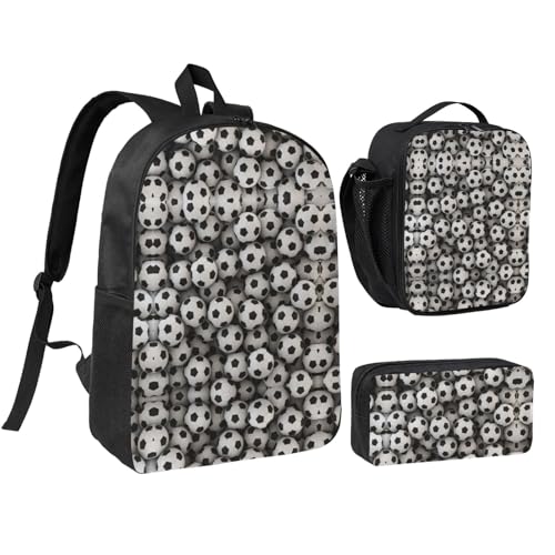 Soccer Sea print Shoulder Bookbags Lunch Bag and Pen Case 17 inches Backpack with Lunch Box, Cute Bookbag Set