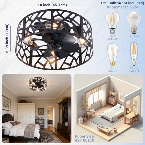 Image of 18 inch Caged Ceiling Fan with Light Vintage Black,Flush Mount Fandelier Ceiling Fan with Lights and Remote,Farmhouse Ceiling Fans for Bedroom, Kitchen, Living Room