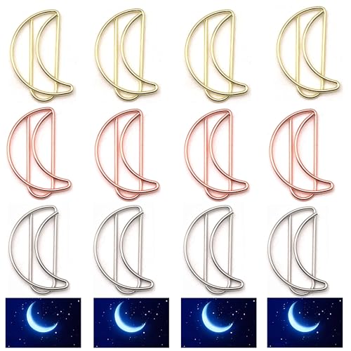 Upquzzfy 24 Pcs Metal Moon-Shaped Paper Clips Set in Gold, Silver, & Rose Gold - Cute Paperclips for Office and School File Organization, Party, and Wedding Decor