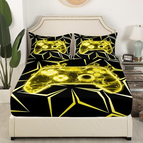 Geometry Gamer Fitted Sheet Queen Size Yellow Neon Lines Gamepad Gaming Bedding Set Cool Video Games Sheet Set,Burning Fire Bed Cover Ultra Soft Breathable Bedspread 3 Pcs for Kids Teens Boys
