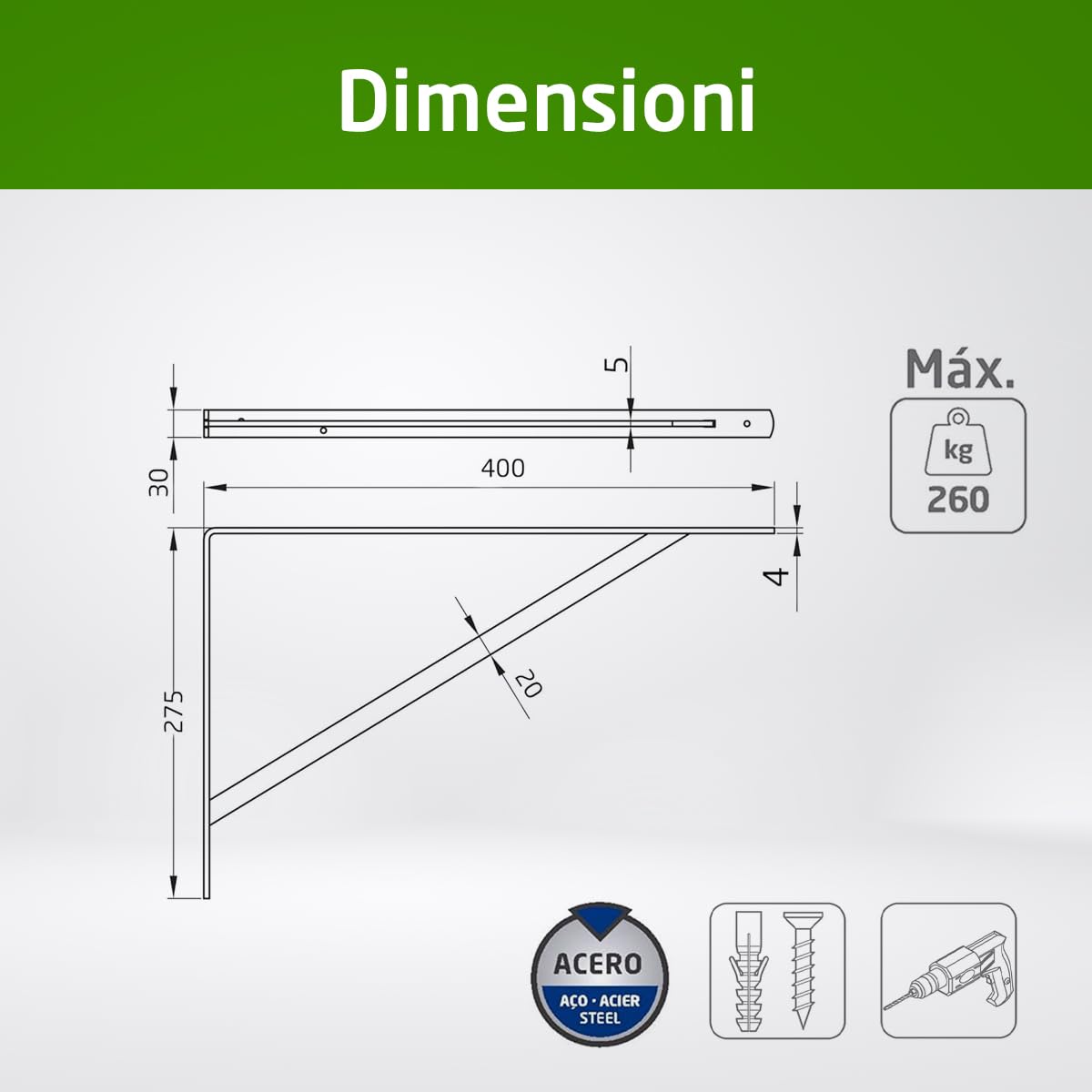 Staffe per Mensole Angolo per Ripiani Supporto per Scaffale Acciaio 400x275 mm 225 Kg