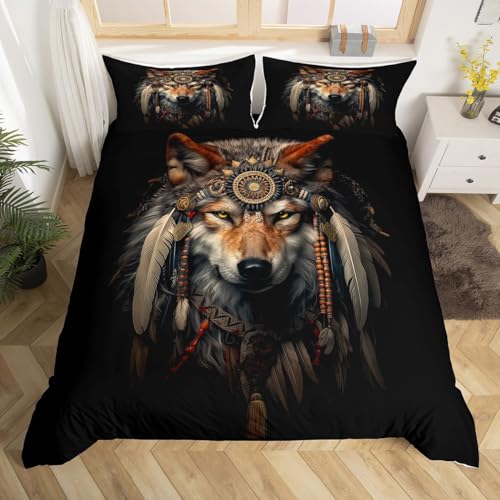 Homewish Housse de Couette Attrape-Rêves de Loup 240 x 260, Parure de Lit Adulte Attrape-Rêves Indien, Sets de Housses de Couettes Animaux Imprimé en 3D, Couvre Lit...