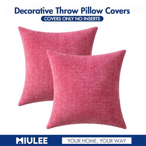 Image of MIULEE Pack of 2 Couch Throw Pillow Covers 16x16 Inch Soft Hot Pink Chenille Pillow Covers for Sofa Living Room Solid Dyed Pillow Cases