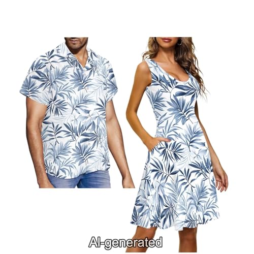 Image of Dreaweet Summer Dresses for Women A-Line Sleeveless Flowy Sun Dresses,Men's Casual Button-Down Shirts,Couple Matching Outfits