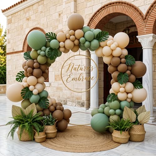Image of RUBFAC 135pcs Brown Balloons Different Sizes Pack of 18 12 10 5 Inch, Latex Boho Neutral Coffee Tan Balloon Garland Arch Kit for Baby Shower Jungle Safari Fall Birthday Bear Themed Party Decorations