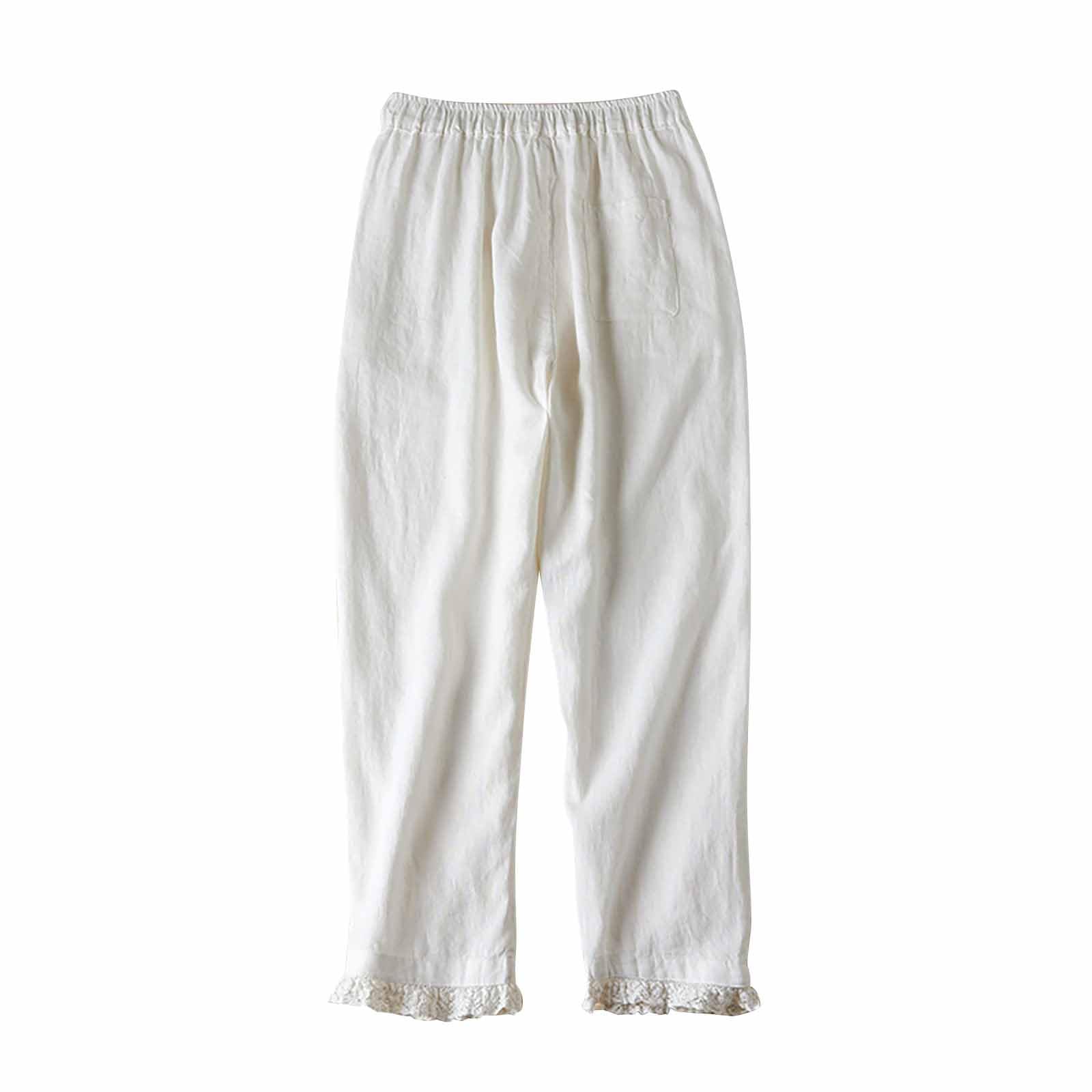 Women Cotton Linen Pants High Waisted Wide Leg Long Lounge Pants Trousers with Pocket Casual Loose Lace Splicing Pants White