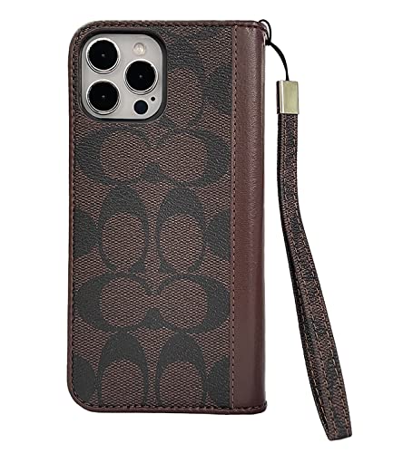 Luxury Wallet Case For Iphone 14 Pro Max 6.7 Inch For Women Men, Premium Leather Magnetic Flip Closure Wrist Strap Card Holder Phone Case With Credit Card Slot,Classic Pattern Designe Tpu Case-Brown #TOP1