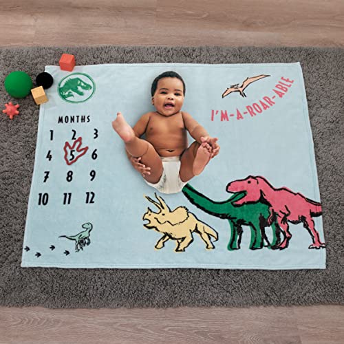 Image of Welcome to The Universe Baby Jurassic World Blue, Green, Orange and Yellow I'm-a-Roar-able Dinosaur Super Soft Milestone Baby Blanket