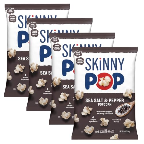 SkinnyPop Popcorn, Sea Salt &amp; Pepper, Whole Grain, Dairy-Free Snack, 4.4oz Bag (Pack of 4)