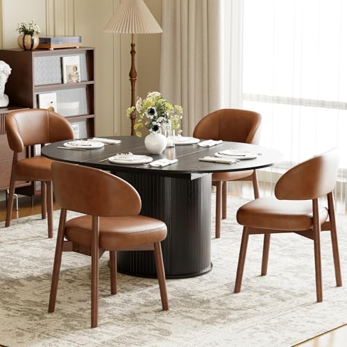 Image of MALOL 47 inch-63 inch Extendable Round to Oval Dining Room Table Chairs Set for 4-8, Modern Wooden Kitchen Table and Chairs with Hidden Storage and Fluted Design for Dining Room /Small Space(Black and Brown)