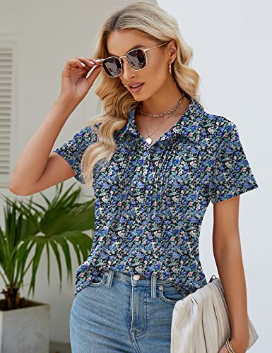 Luyaa Womens Floral Polo Shirts Collared Golf Sport Shirt Cute Short Sleeve Blouse Tops Blue Floral M #TOP1