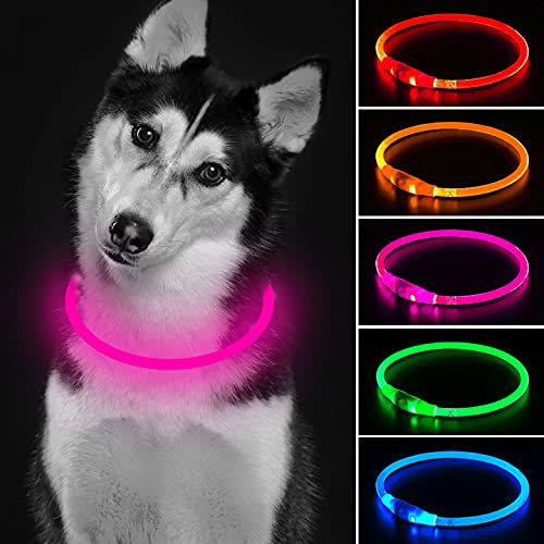 LED Dog Collar 1 Count Dog Christmas Collar Mini USB Rechargeable TPU Light Up Dog Collars Water Resistant Basic Dog Collars for Small Medium Large Dogs (Pink)