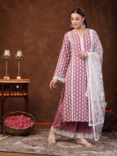 Image of Stylum Women's Floral Printed Rayon Straight Kurta Palazzo Dupatta Set