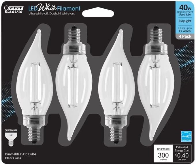 Feit LED White Filament BA10 E12 (Candelabra) Filament LED Bulb Daylight 40 Watt Equivalence 4 pk