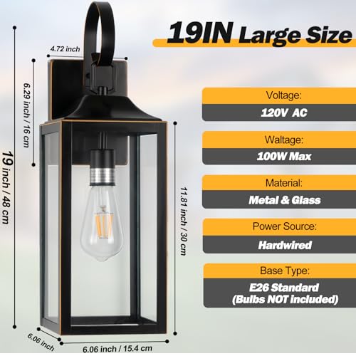 Image of 19 inch Large Outdoor Wall Lights Black with Gold Trim 2 Pack | Black Exterior Light Fixtures, Modern Wall Sconces, Waterproof Porch Lights Outdoor Lighting for House Garage Entryway