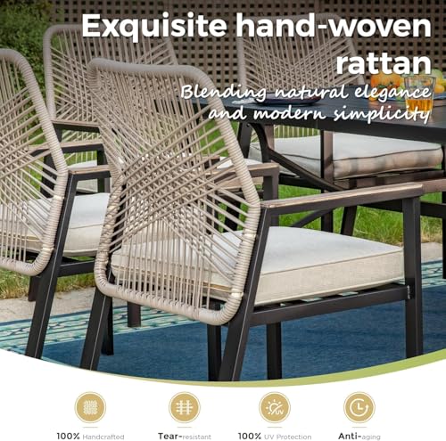 Image of MIXPATIO 9 Pcs Outdoor Dining Set, 8 Rattan Fixed Chairs with Soft Cushion and 57.5 inch Square Table with Umbrella Hole, Patio Table and Chairs for Backyard Porch