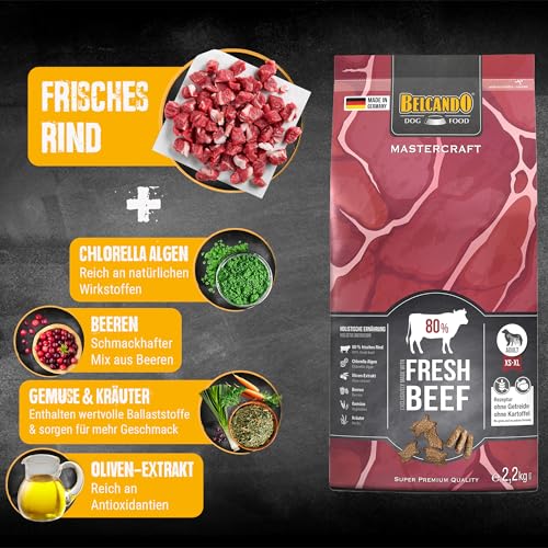 BELCANDO MASTERCRAFT Hundefutter trocken Fresh Beef, 2,2kg, Trockenfutter für Hunde mit Rind, 80% Frischfleisch, getreidefrei, für alle Rassen, Made in Germany