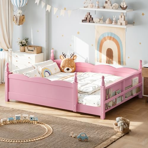 Image of Bellemave Full Size Montessori Floor Bed Frame with High Fence, Solid Wood Kids Floor Bed with Bookshelf, Low Profile Bed for Boys & Girls, Childlike Design,Pink